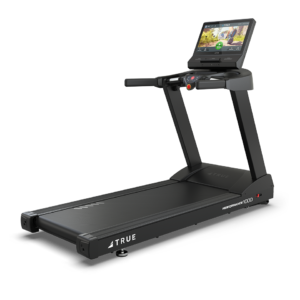 A black Performance 1000 Treadmill with a large digital display, side handles, control buttons on the front panel, and labeled TRUE and PERFORMANCE 1000 on its base.