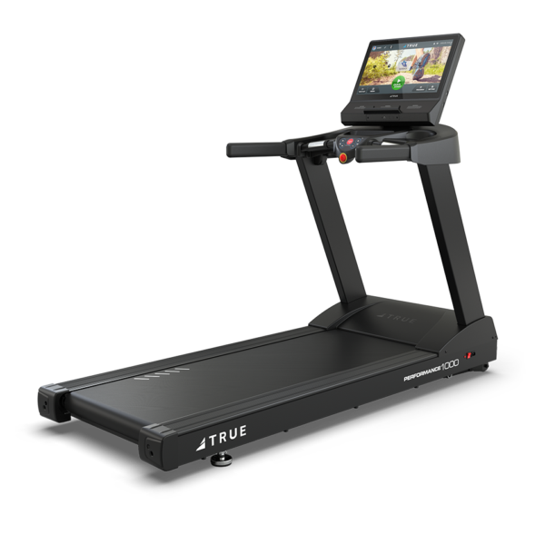 A black Performance 1000 Treadmill with a large digital display, side handles, control buttons on the front panel, and labeled TRUE and PERFORMANCE 1000 on its base.