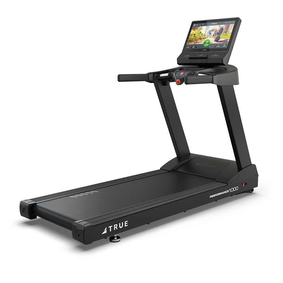A black Performance 1000 Treadmill with a large digital display, side handles, control buttons on the front panel, and labeled TRUE and PERFORMANCE 1000 on its base.