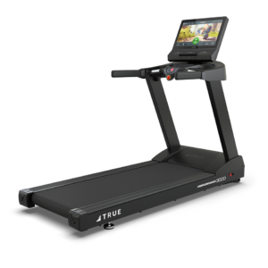 A black Performance 1000 Treadmill with a digital touchscreen display and sturdy handrails, shown against a plain white background.