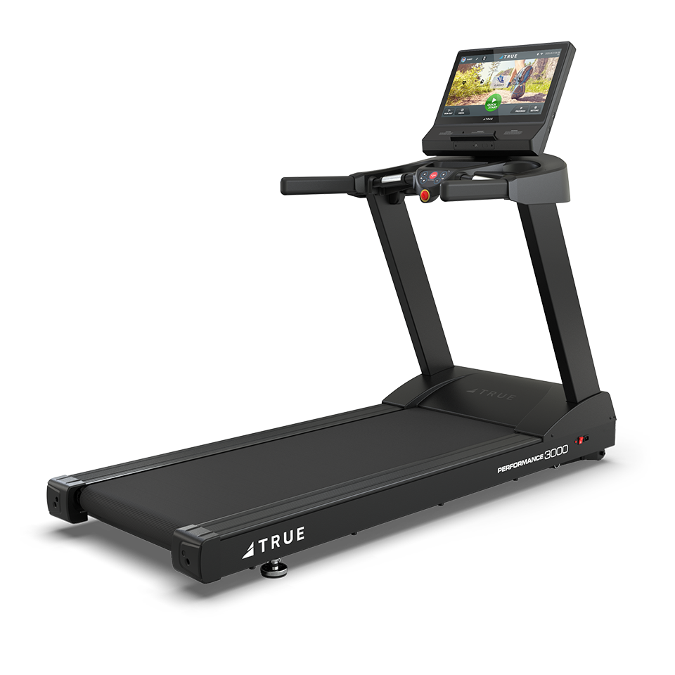 A black Performance 1000 Treadmill with a digital touchscreen display and sturdy handrails, shown against a plain white background.