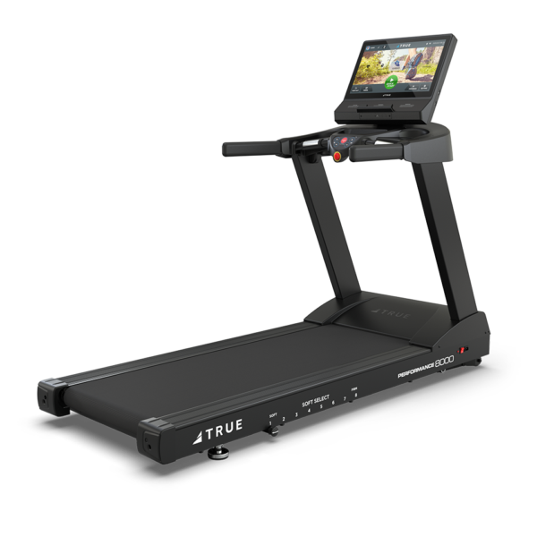 A black Performance 1000 Treadmill with a digital touchscreen display, handrails, and adjustable settings, shown on a white background.