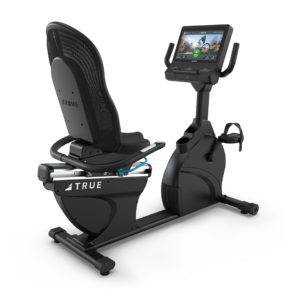 The Performance Series Recumbent Bike features a black frame, mesh seat back, pedals, and a large touchscreen display for interactive workouts, shown against a plain white background.