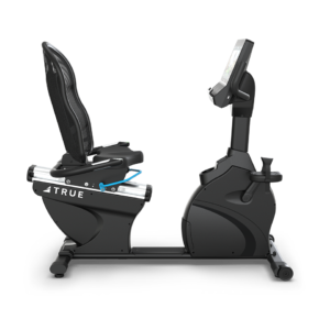 The Performance Series Recumbent Bike features a black frame, mesh back seat, digital display screen, and TRUE branding, displayed against a plain white background.