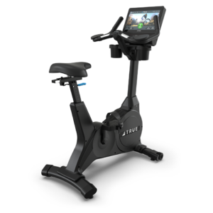 The Performance Series Upright Bike, featuring an adjustable seat, handlebars, and a digital display for cycling metrics, is shown in black against a plain white background.