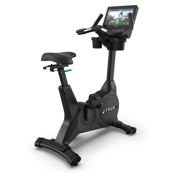 The Performance Series Upright Bike, featuring an adjustable seat, handlebars, and a digital display for cycling metrics, is shown in black against a plain white background.