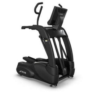 The TRUE Performance Series Elliptical is a black indoor cardio machine with handlebars, two large foot pedals, and a front digital display screen. The TRUE brand logo is visible on the equipment.