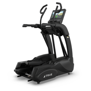 A TRUE Performance Series Elliptical, featuring a black finish, digital display screen, and handlebars, is set against a white background.