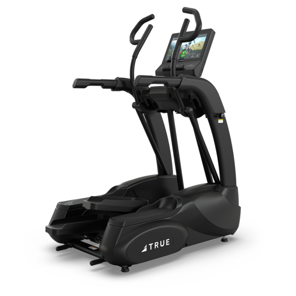 A TRUE Performance Series Elliptical, featuring a black finish, digital display screen, and handlebars, is set against a white background.