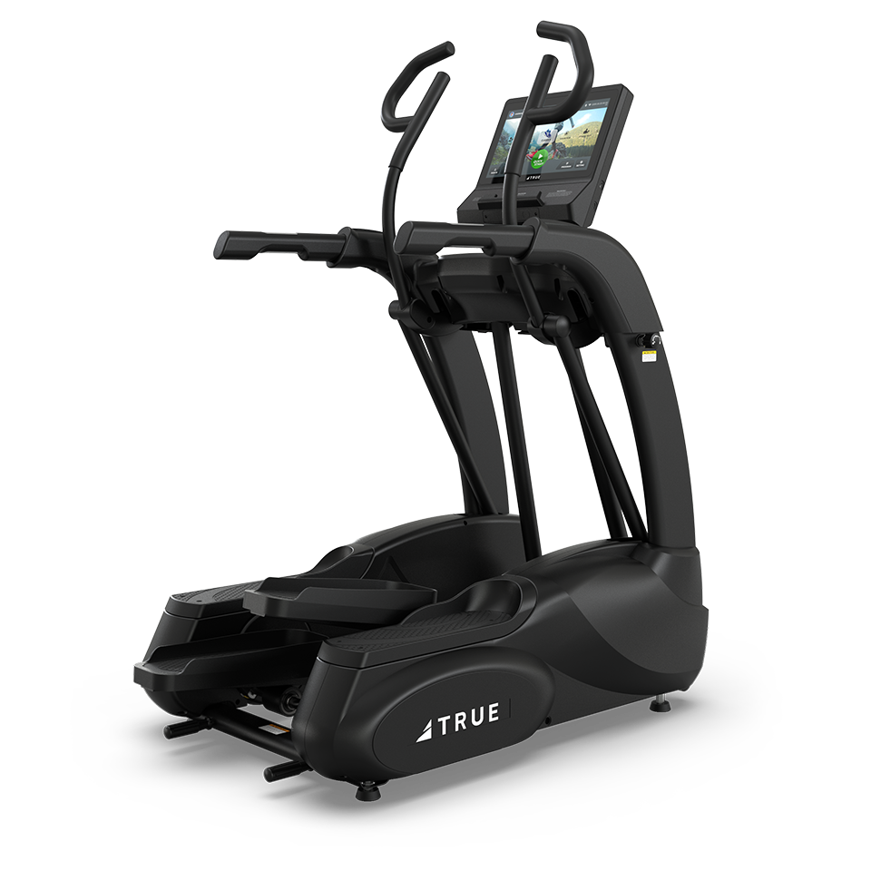 A TRUE Performance Series Elliptical, featuring a black finish, digital display screen, and handlebars, is set against a white background.
