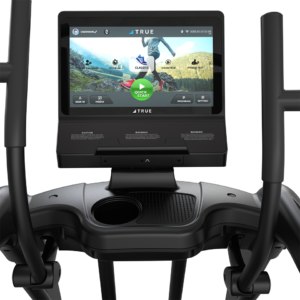 Close-up of the Performance Series Elliptical console with a touchscreen showing workout options like Quick Start, an outdoor running image, plus visible handles and cup holder.