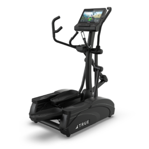 The TRUE M50 Elliptical is a black exercise machine featuring a digital touchscreen, stationary and moving handlebars, and large foot pedals, displayed on a white background with the “TRUE” brand visible on the base.