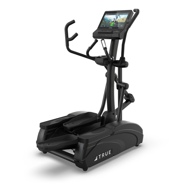 The TRUE M50 Elliptical is a black exercise machine featuring a digital touchscreen, stationary and moving handlebars, and large foot pedals, displayed on a white background with the “TRUE” brand visible on the base.