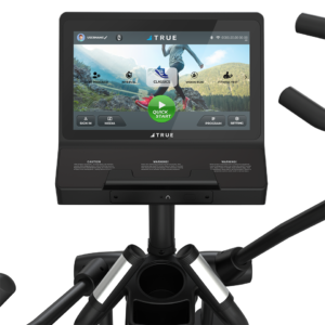 Close-up of the M50 Elliptical’s touchscreen showing workout options and controls. The display features a person running outdoors with program, quick start, and settings buttons below.