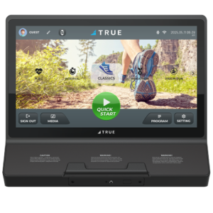 A treadmill display screen shows a running app interface with a close-up image of shoes running on a trail. The screen features program options, a green Quick Start button, and various menu icons.